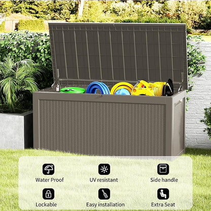 320 Gallon Outdoor Storage Box, Waterproof Resin Deck Box with Lockable Lid Large Storage Bin for Patio Furniture Cushion, Garden Tools, Pool Accessories UV-Resistant Outside Delivery, Gray