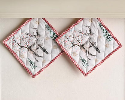 Maison d' Hermine Pot Holders 100% Cotton Potholders (8" x 8", Pack of 2) | Heat Resistant Hot Pads with Loop BBQ Cooking Baking Hotel Kitchen Handling Hot Pans Thanksgiving Christmas - Rural Christmas