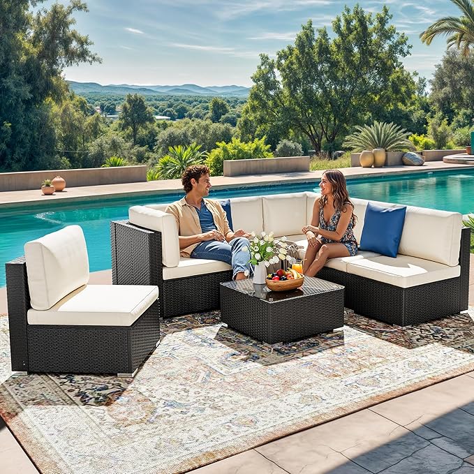 YITAHOME 7 Pieces Outdoor Patio Furniture Set, Sectional Sofa PE Rattan Wicker Conversation Set Outside Couch w/Table and Cushions for Porch Lawn Garden Backyard, Black