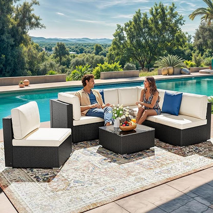YITAHOME 7 Pieces Outdoor Patio Furniture Set, Sectional Sofa PE Rattan Wicker Conversation Set Outside Couch w/Table and Cushions for Porch Lawn Garden Backyard, Black