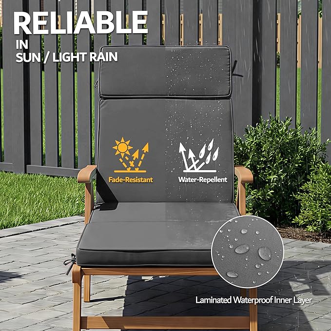 72 x 21 Inch Outdoor Chaise Lounge Cushions Set of 4 - Removable Cover, 4-Section Design, Water-Repellent & Fade-Resistant, 6 Tie Straps, Replacement for Patio & Pool Chairs - Dark Grey
