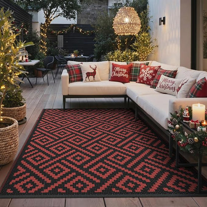 GENIMO Outdoor Rug, Waterproof Plastic Rugs for Patio, 6'x9' Red Grey | Outside Larger Modern Carpet Mat for Porch Decor, Deck, Balcony, Camping, RV, Backyard, Picnic, Beach, Reversible, Foldable