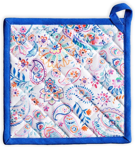 Maison d' Hermine Pot Holders 100% Cotton Potholders (8" x 8", Pack of 1) | Heat Resistant Hot Pads with Loop BBQ Cooking Baking Farmhouse Kitchen Handling Hot Pans Spring Summer - Indian Floral