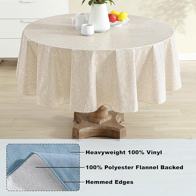 Newbridge Napa Leaf Taupe Vinyl Flannel Backed Tablecloth, 70 Inch Round, Hotel Quality Waterproof Indoor Outdoor Table Cover for Kitchen, Patio, Dining, BBQ