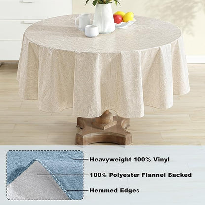 Newbridge Napa Leaf Taupe Vinyl Flannel Backed Tablecloth, 70 Inch Round, Hotel Quality Waterproof Indoor Outdoor Table Cover for Kitchen, Patio, Dining, BBQ