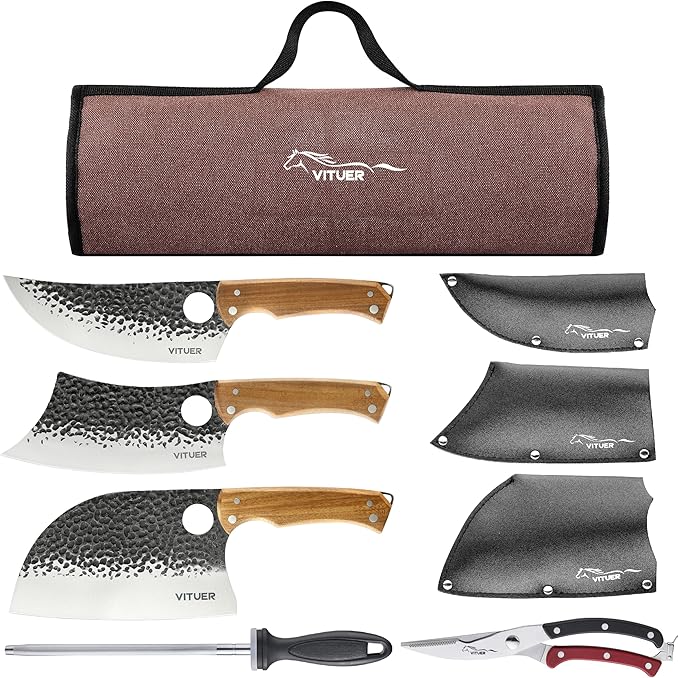 9 PCS Butcher Viking Camping Knife Set, 7" Serbian Chef Knife, 7" Butcher Meat Cleaver, 6.5" Viking Knife, 3 Knife Sheath, Honing Steel, Poultry Shears and Knife Roll Bag (Stylish Horse Pattern)