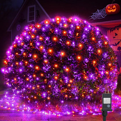 WBao Halloween Lights Outdoor 200LED 8.4ft x 5.2ft Orange Purple Halloween Net Lights with 8 Modes, Timer, Connectable, Waterproof & Dark Green Wire for Lawn, Bushes, Trees, Outdoor Holiday Decor