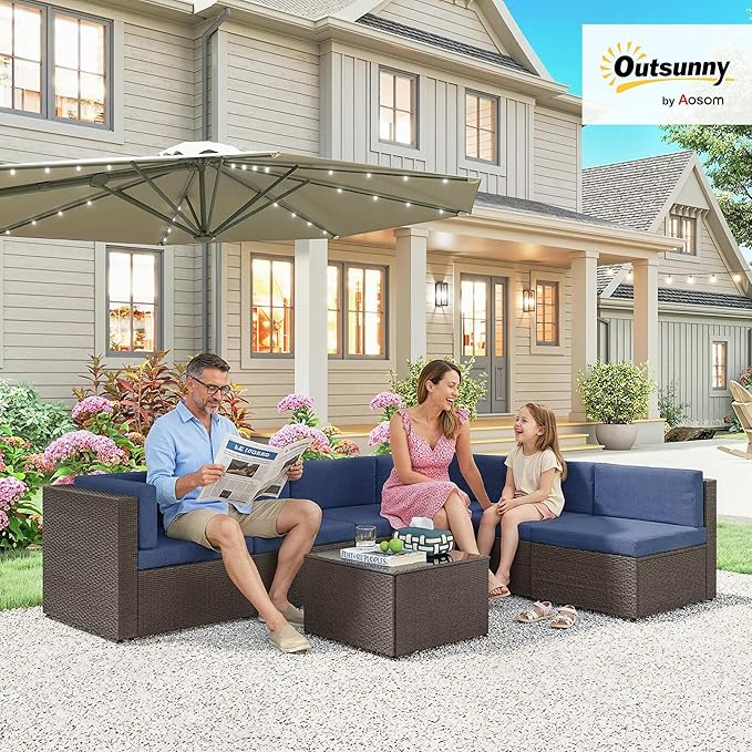 Outsunny 7 Piece Patio Furniture Set, Wicker Outdoor Sectional Sofa Set, All Weather PE Rattan Outdoor Furniture Conversation Sets with Cushions, Glass Top Coffee Table, Dark Blue