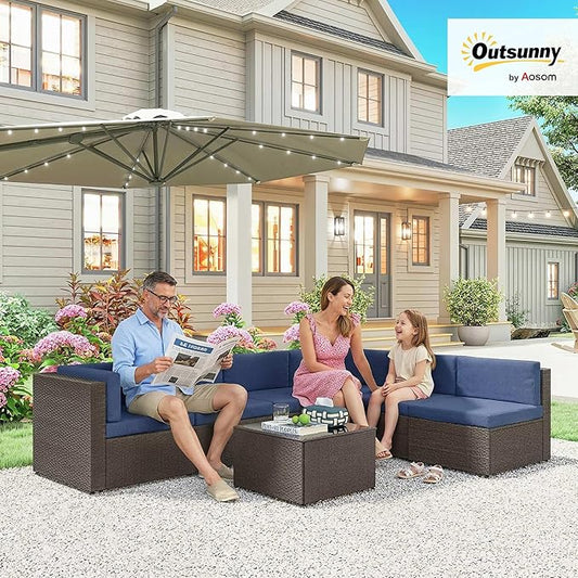 Outsunny 7 Piece Patio Furniture Set, Wicker Outdoor Sectional Sofa Set, All Weather PE Rattan Outdoor Furniture Conversation Sets with Cushions, Glass Top Coffee Table, Dark Blue