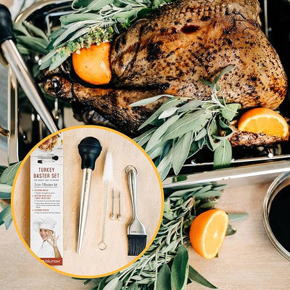 Liquid Solution Turkey Baster 5 Piece Set – Includes Baster for Cooking, Barbecue Basting Brush, 2 Flavor Injector with Cleaning Brush – Great Gift Idea for Thanksgiving