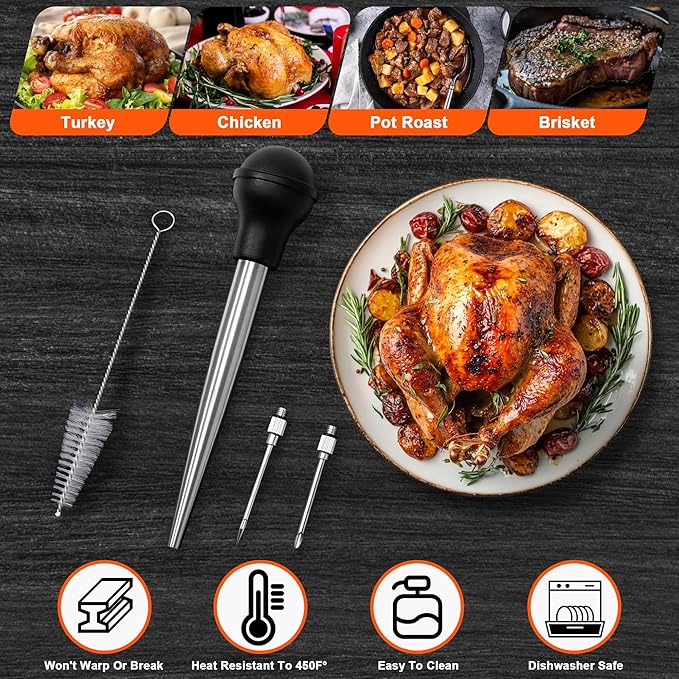 Rainspire Upgraded Large Stainless Steel Turkey Baster for Cooking With 2 Detachable Needles and Cleaning Brush Premium Baster Tool for Cooking Dishwasher Safe Home Baking Kitchen Tool, Black