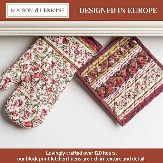 Maison d' Hermine 100% Cotton Oven Mitt & Pot Holder Set (7.5"x13" & 8"x8") | Heat Resistant BBQ Cooking Gloves with Loop Baking Kitchen Hotel Home Farmhouse Thanksgiving Christmas - Reveillon Au Jardin