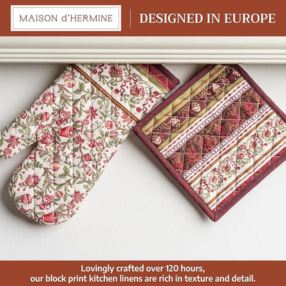 Maison d' Hermine 100% Cotton Oven Mitt & Pot Holder Set (7.5"x13" & 8"x8") | Heat Resistant BBQ Cooking Gloves with Loop Baking Kitchen Hotel Home Farmhouse Thanksgiving Christmas - Reveillon Au Jardin