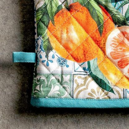 Maison d' Hermine 100% Cotton Oven Mitt & Pot Holder Set (7.5"x13" & 8"x8") Heat Resistant BBQ Cooking Gloves with Loop Baking Grilling Kitchen Hotel Home Farmhouse Spring Summer (Agrume)