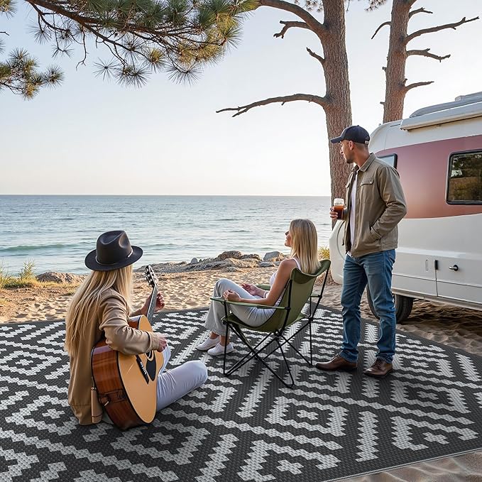 GENIMO Outdoor Rug, Waterproof Plastic Rugs for Patio, 8'x10' Black Grey | Outside Larger Modern Carpet Mat for Porch Decor, Deck, Balcony, Camping, RV, Backyard, Picnic, Beach, Reversible, Foldable