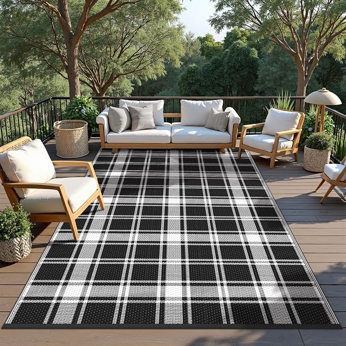 GENIMO Outdoor Rug, Waterproof Plastic Rugs for Patio, 6'x9' Black Plaid | Outside Larger Modern Carpet Mat for Porch Decor, Deck, Balcony, Camping, RV, Backyard, Picnic, Beach, Reversible, Foldable