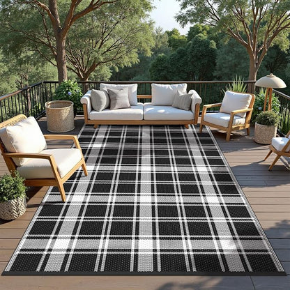 GENIMO Outdoor Rug, Waterproof Plastic Rugs for Patio, 6'x9' Black Plaid | Outside Larger Modern Carpet Mat for Porch Decor, Deck, Balcony, Camping, RV, Backyard, Picnic, Beach, Reversible, Foldable