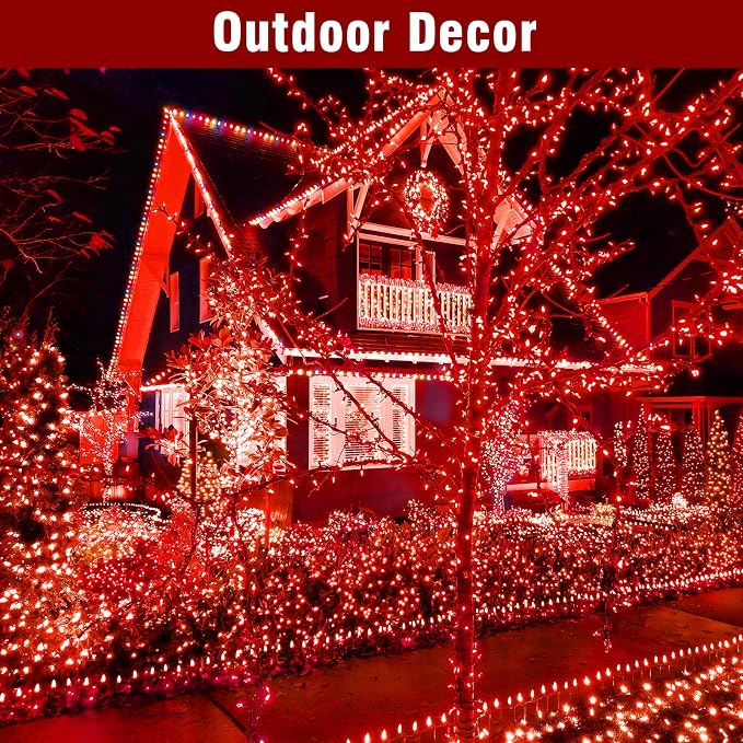 Nisocy Red String Lights with Green Wire, Waterproof Christmas Tree Fairy Lights with 8 Modes, Indoor Outdoor Decorative Lighting for Holiday, Party, Garden, Patio(66FT)