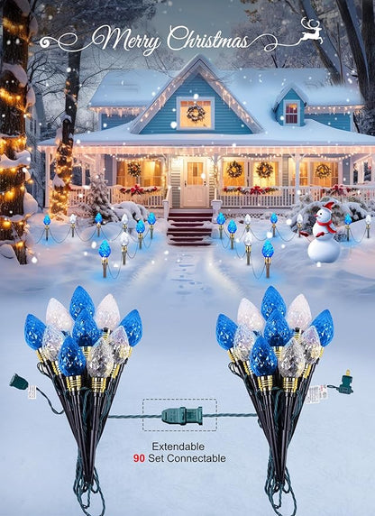 Brightown 2 Pack Strawberry C9 Christmas Pathway Lights Outdoor - Total 34.8 Feet 20 LED Christmas Walkway Lights, Christma Light Outdoor Decorations for Yard Lawn Holiday Outside, Blue & Pure White