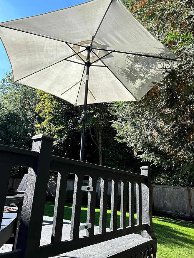 | Patio Umbrella Holder | 2 Piece Design | Outdoor Umbrella Base and Mount | Attaches to Railing Maximizing Patio Space and Shade