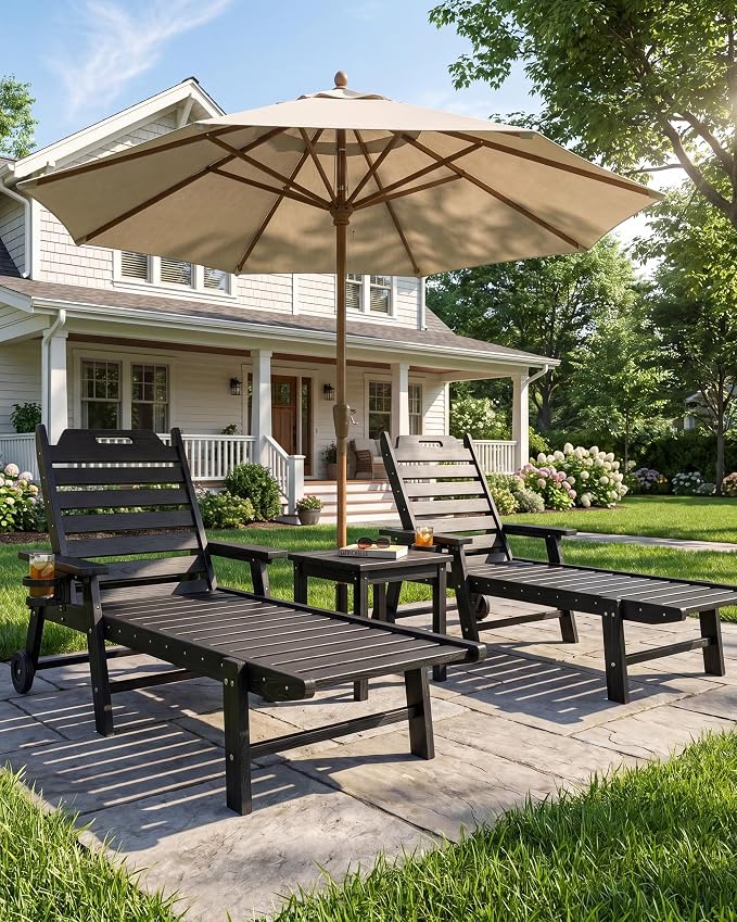 2 Pack HDPE Lounge Chair Outdoor with Cup Holder & 5-Position Backrest | All-Weather & Wood Textured for Patio Poolside Deck Backyard, Black