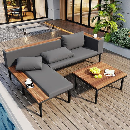 VilroCaz Luxury Outdoor Patio Furniture Set, L-Shaped Acacia Wood Sectional Sofa with Side Table, All-Weather Conversation Set with Removable Cushions and Coffee Table for Backyard Porch (Gray-4.20)