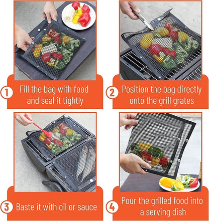 UNCO BBQ Grilling Bags, 2 Pack, 11.8"x10.6", Mesh Grill Bags with Basting Brush, Easy to Clean, Reusable Mesh Barbecue Pouch
