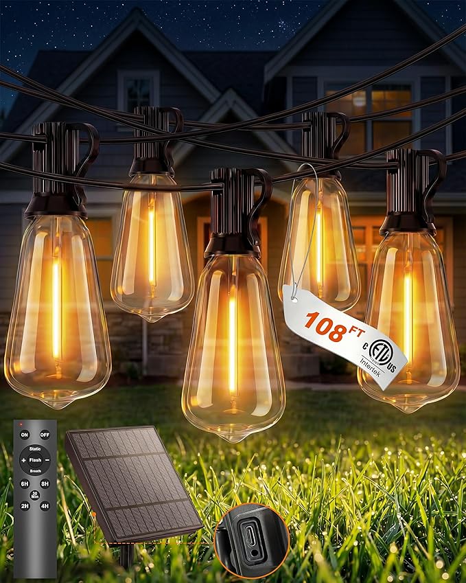 Outdoor String Lights Solar Powered, 108FT Dimmable Solar Patio Lights with Remote & 31 ST38 LED Shatterproof Bulbs, IP65 Waterproof, Dusk to Dawn Outdoor Lights for Backyard, Balcony, Party