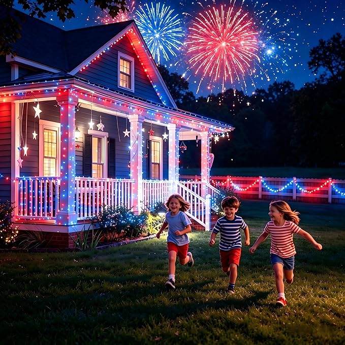 Joomer Red White Blue Solar Fairy Lights, 4th of July Memorial Day Decor, 2 Pack 39FT 120 LED String Light, 8 Lighting Modes with Memory, Waterproof Outdoor Patriotic Lights for Independence Day Decor