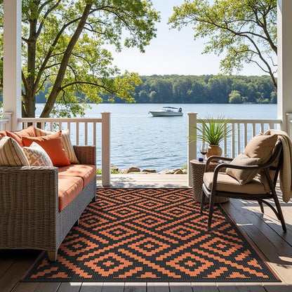GENIMO Outdoor Rug, Waterproof Plastic Rugs for Patio, 6'x9' Black Orange | Outside Larger Modern Carpet Mat for Porch Decor, Deck, Balcony, Camping, RV, Backyard, Picnic, Beach, Reversible, Foldable
