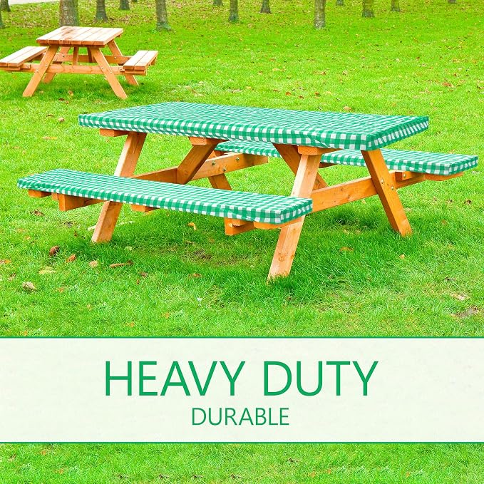 LINPRO 6ft Picnic Table Cover with Bench Covers Vinyl Fitted Picnic Table Covers with Elastic Camping Essentials and Picnic Tablecloth and RV Accessories