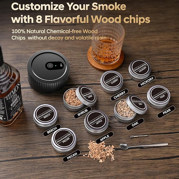Electric Whiskey Smoker Kit, Old Fashioned Bourbon Drink Cocktail Smoking Kit with 8 Flavors Wood Chips, Anniversary Birthday Gifts Christmas for Men Father Whiskey Lovers (NO Butane Needed)