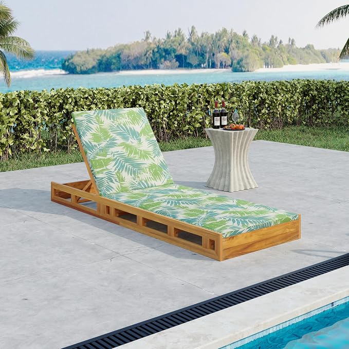 Merax Patio Chaise Lounge with Adjustable Backrest & Cushion, Acacia Wood Recliner Chair with Teak Finish for Backyard Pool Garden