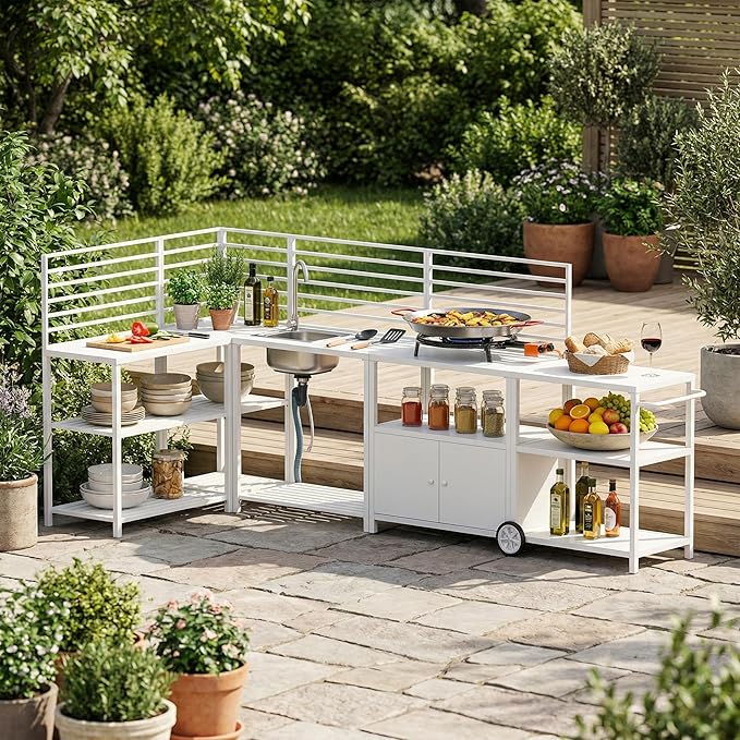 Vikiullf Aluminum Modular Outdoor Kitchen Island with Stainless Steel Sink, Movable Cart and Storage Cabinet, for Backyard BBQ, Porch Party (White Corner)