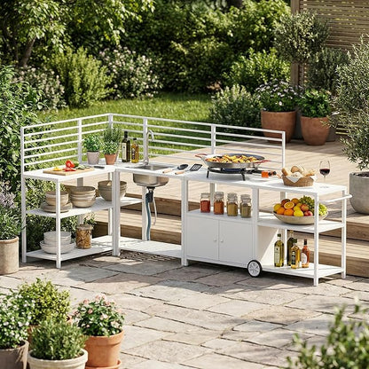 Vikiullf Aluminum Modular Outdoor Kitchen Island with Stainless Steel Sink, Movable Cart and Storage Cabinet, for Backyard BBQ, Porch Party (White Corner)