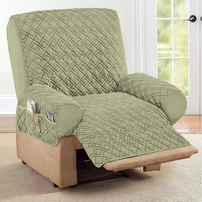 Collections Etc Diamond-Shape Quilted Stretch Recliner Cover with Storage Pockets and Elastic Straps - Furniture Protector | Sage, Recliner, polyester, Storage Pocket