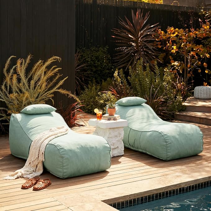 Christopher Knight Home Morton Outdoor Bean Bag Chair Set of 2, Fabric Bean Bag Chair for Adults and Kids, Indoor/Outdoor Sun Lounger with Headrest, Patio Chaise Lounge Chair Set of 2, Mint