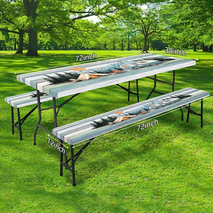 JAWO Picnic Table Cover with Bench Covers Outdoor Camping Essentials Windproof Waterproof Fitted Picnic Table Cloth Wood Texture Fitted Picnic Tablecloth with Elastic, 30x96in