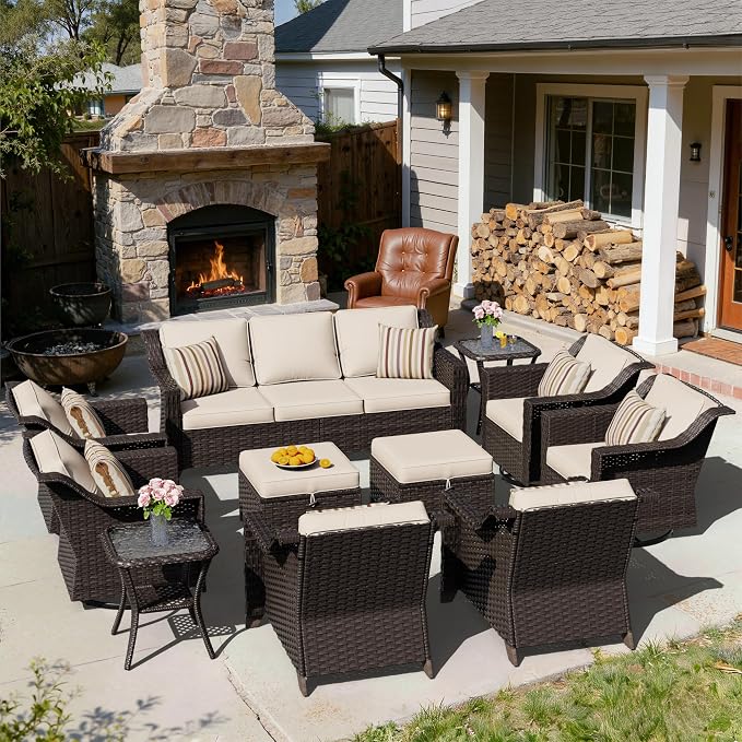 11 Piece Patio Furniture Set, Wicker Outdoor Conversation Set | Patio Chair Set with Olefin Removable Cushion, All-Weather Outdoor Couch with Deep Seat for Porch, Deck and Backyard, Beige