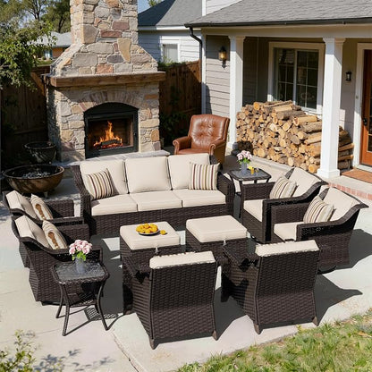 11 Piece Patio Furniture Set, Wicker Outdoor Conversation Set | Patio Chair Set with Olefin Removable Cushion, All-Weather Outdoor Couch with Deep Seat for Porch, Deck and Backyard, Beige