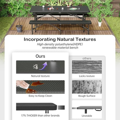 VSOAEIL 6 Foot Folding Picnic Table Set with 2 Benches, Camping Table Chair Set, HDPE Rattan Pattern Top, 3-Piece Portable Indoor Outdoor Furniture with Safety Locks & Handle for Party Camping, Black