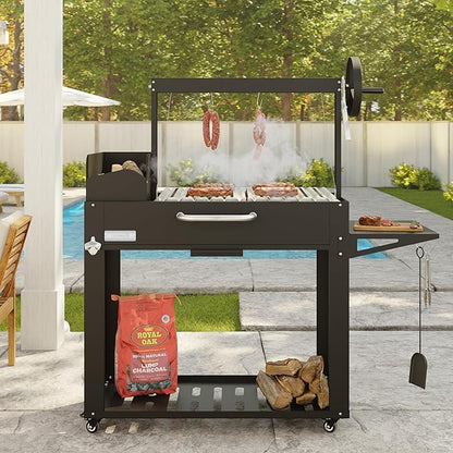 KoolMore 54 in. Charcoal BBQ Grill, Santa Maria Argentine Outdoor Grill with Interchangeable V Grates, Large Barbecue Grill for Outdoor Cooking, Black