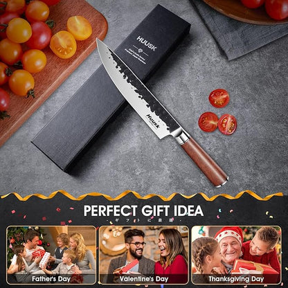 Huusk Japanese Chef Knife 8 Inch Gyuto Knife, Professional Sharp Kitchen Knives for Cooking, Solid Rosewood Handle Carbon Steel Knives with Gift Box, Gift Idea for Men & Women
