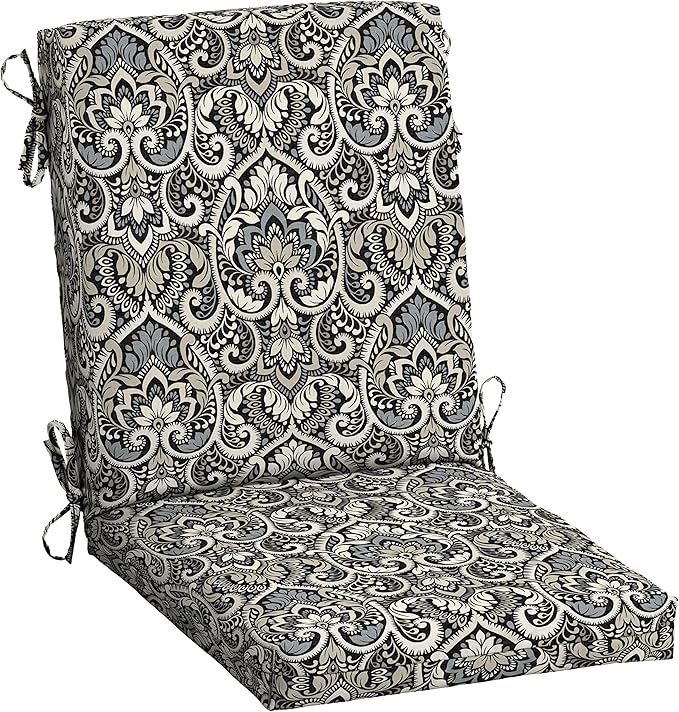 Arden Outdoor Patio Dining Chair Cushion, 20x44, Rain-Proof Seat Pad, Fade-Resistant Outdoor Cushion Black Aurora Damask