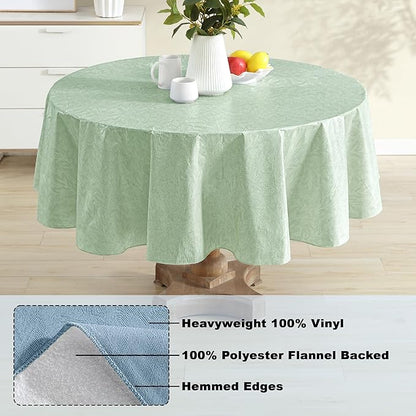 Newbridge Napa Leaf Sage Green Vinyl Flannel Backed Tablecloth, 70 Inch Round, Hotel Quality Waterproof Indoor Outdoor Table Cover for Kitchen, Patio, Dining, BBQ