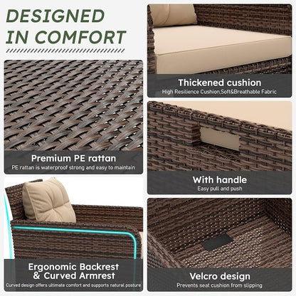 5 Piece Patio Furniture Set, PE Wicker Outdoor Furniture Set with Soft Cushions & Coffee Table, Outdoor Lounge Chairs with Ottoman for Porch, Lawn, Balcony, Beige-Brown