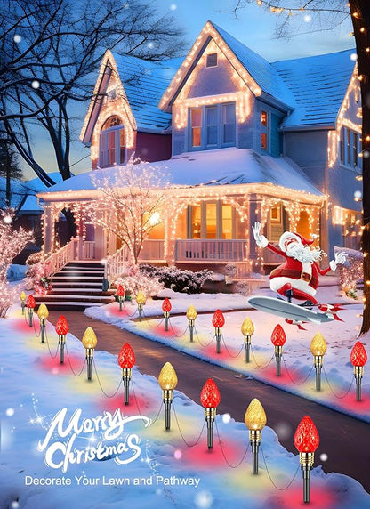 Brightown 2 Pack Strawberry C9 Christmas Pathway Lights Outdoor - Total 34.8 Feet 20 LED Christmas Walkway Lights, Christma LightsOutdoor Decorations for Yard Lawn Holiday Outside, Red & Warm White