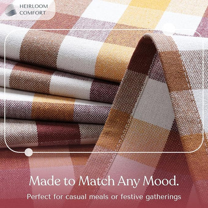 Gingham Check Tablecloth 52x70 Inch, 100% Cotton, Reusable Dining Table Cover for Rustic Decor, Parties, Gatherings, Weddings - Burgundy Wine, Brown, Mustard Yellow, Natural