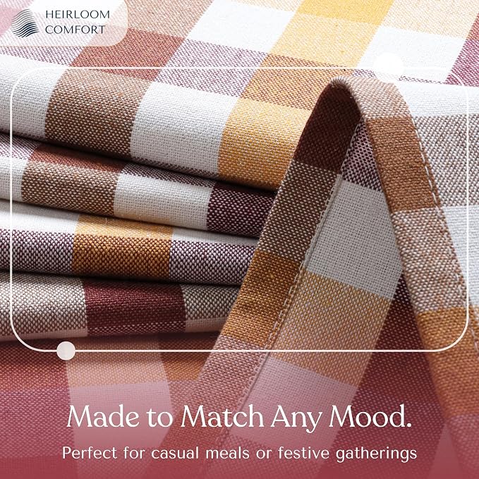 Gingham Check Tablecloth 60x102 Inch, 100% Cotton, Reusable Dining Table Cover for Rustic Decor, Parties, Gatherings, Weddings - Burgundy Wine, Brown, Mustard Yellow, Natural