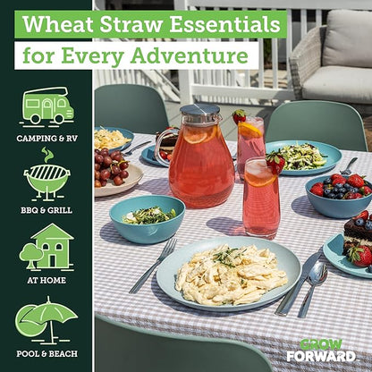 Grow Forward 16-piece Premium Wheat Straw Dinnerware Sets for 4 - Unbreakable Dishwasher & Microwave Safe Plastic Plates and Bowls Sets - Patio, Outdoors, RV, Camping Dishes - Seascape